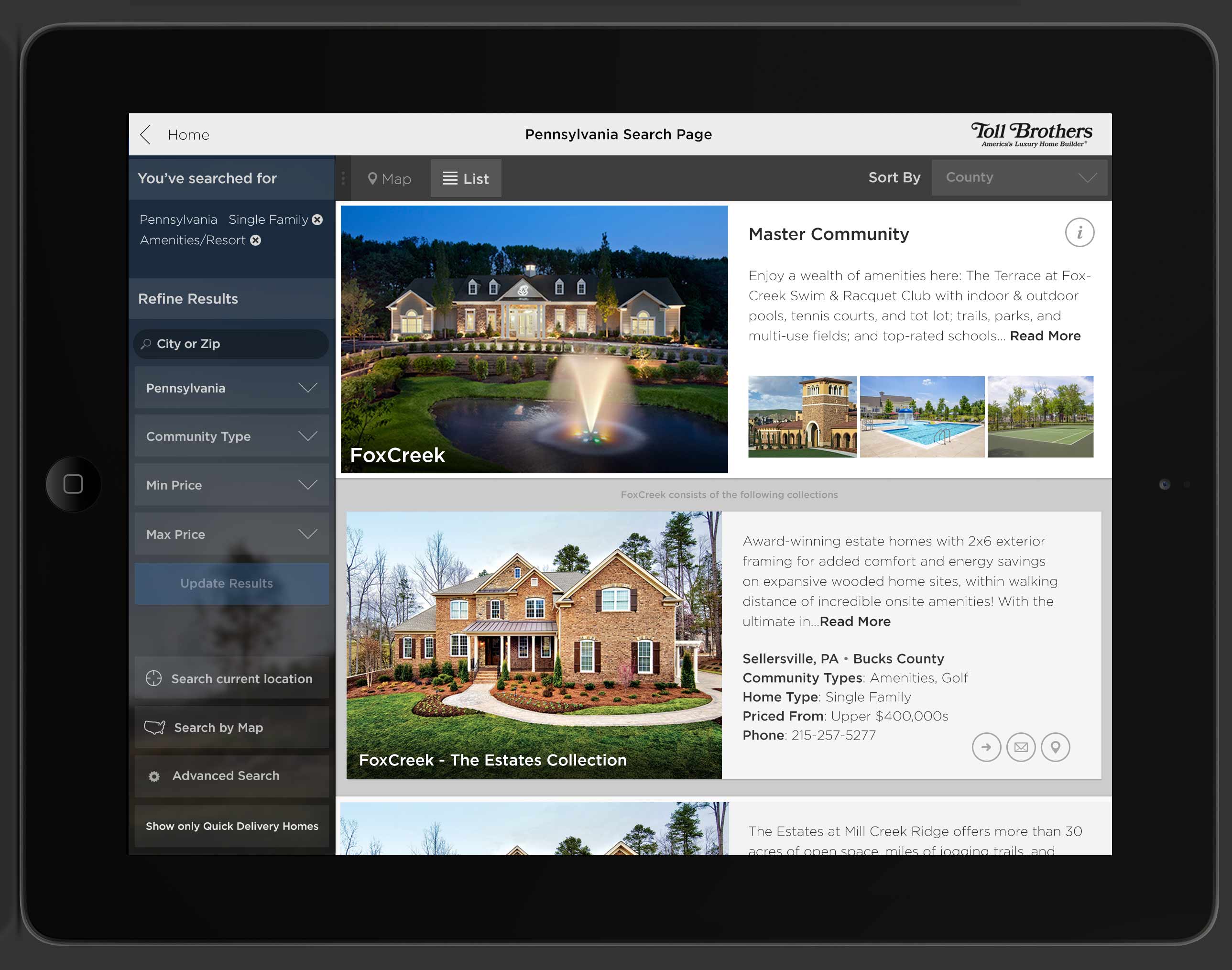 Toll Brothers iOS/Android Application Toll Brothers iOS/Android Application