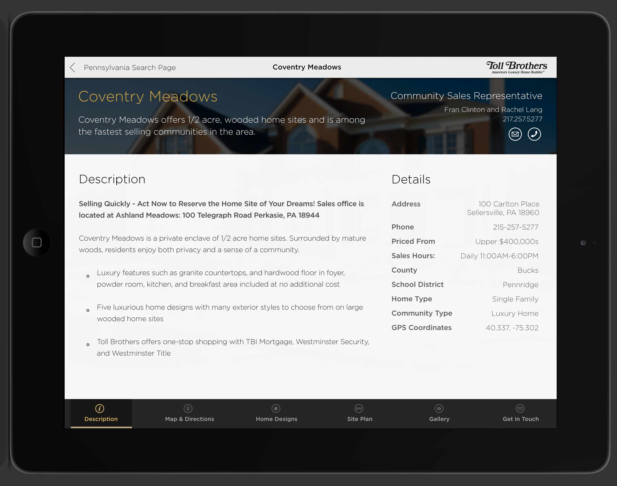 Toll Brothers iOS/Android Application Toll Brothers iOS/Android Application